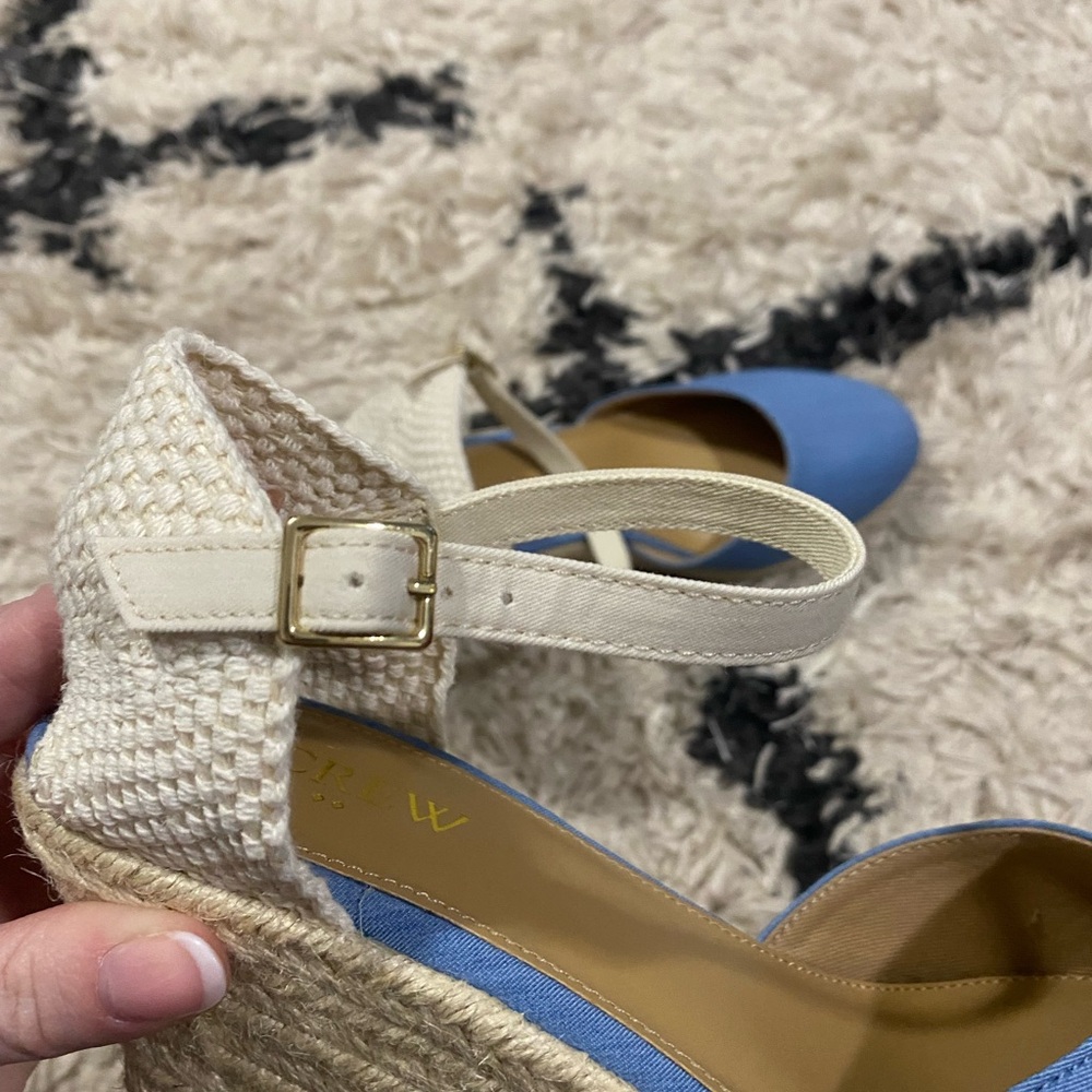 J.Crew Blue and Cream Knit Ankle Strap Espadrille Platform Wedges - Picture 7 of 10
